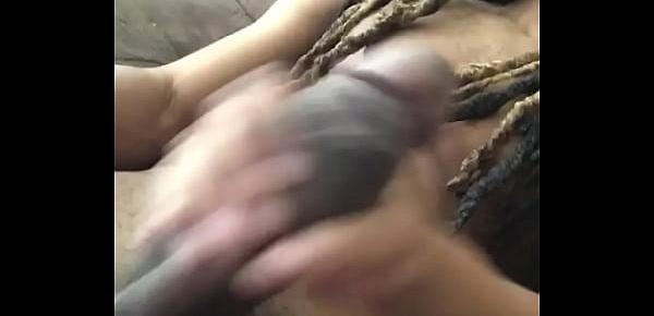  Skinny dreadhead with thick black dick gets handjob in the living room